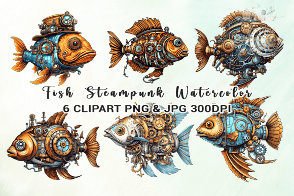 Unleash Industrial Fantasy with Fish Steampunk Watercolour Clipart